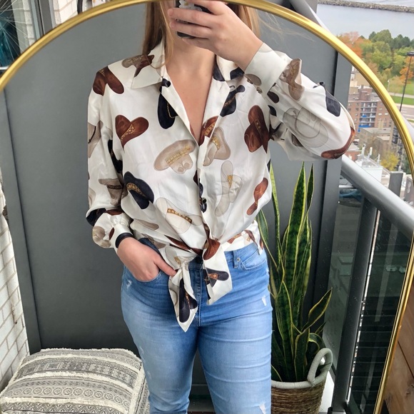 Vintage Tops - Vintage Cowboy Hat Western Satin Long Sleeve Button Up Blouse